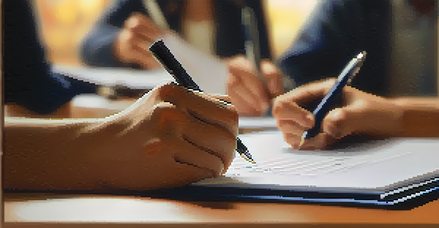 Close-up of a volunteer's hands holding a clipboard and pen, taking notes in a warm, inviting meeting atmosphere.
