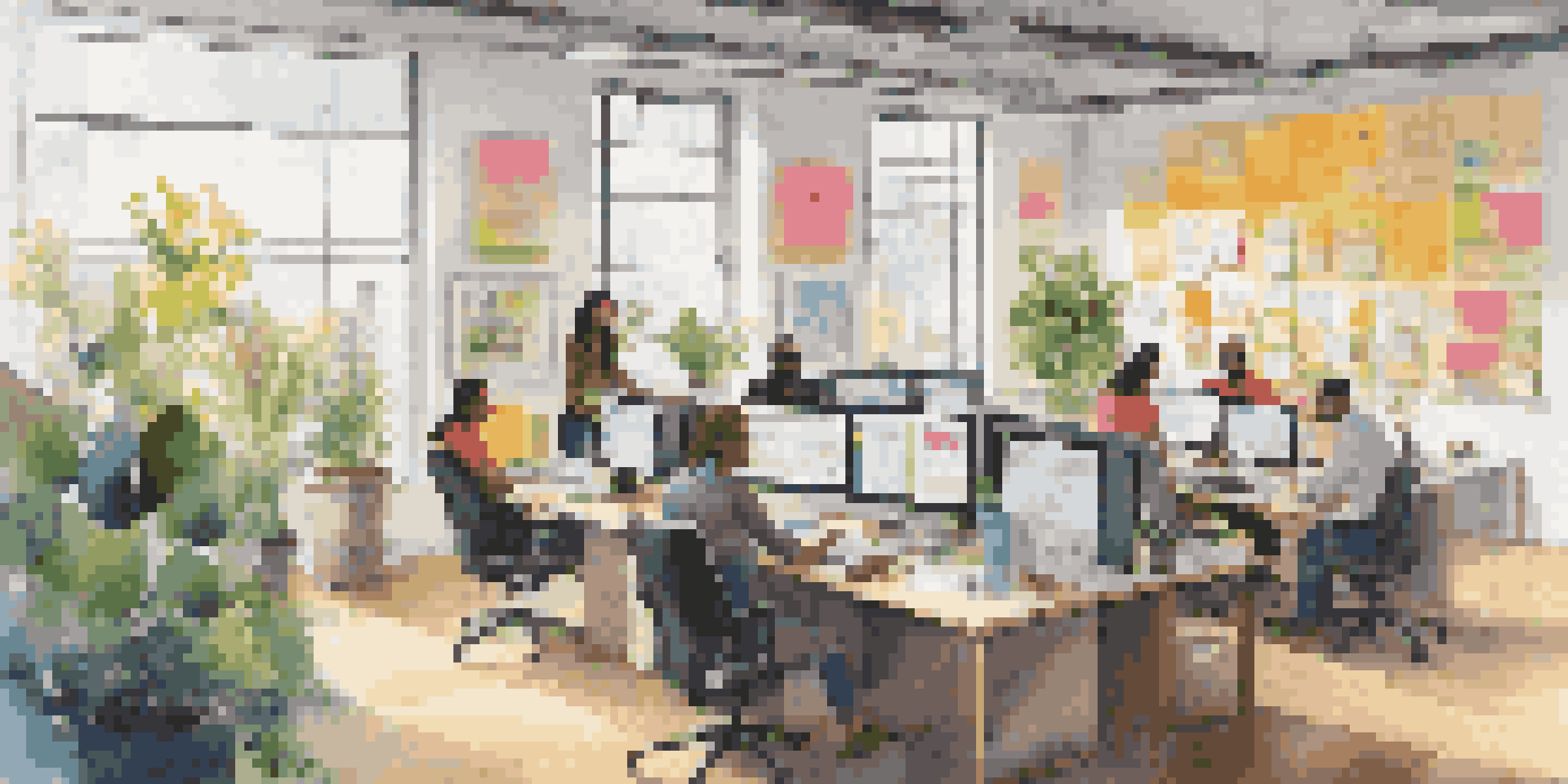 A diverse team of employees collaborating in a bright office space with plants and inspirational artwork.