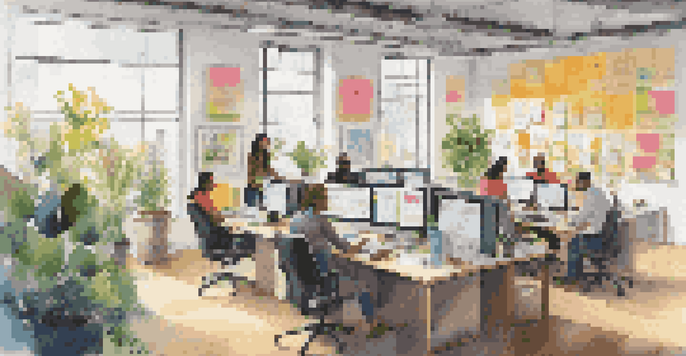A diverse team of employees collaborating in a bright office space with plants and inspirational artwork.