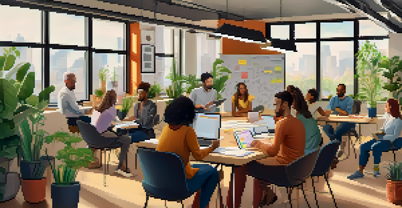 A group of diverse professionals collaborating in a bright coworking space, filled with notebooks and laptops, symbolizing teamwork.