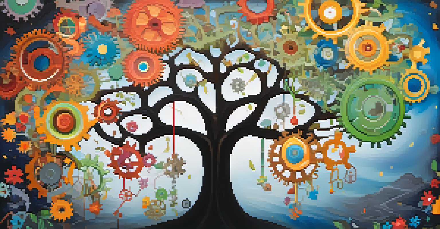 An abstract tree made of gears and flowers representing personal growth, set against a bright sky.