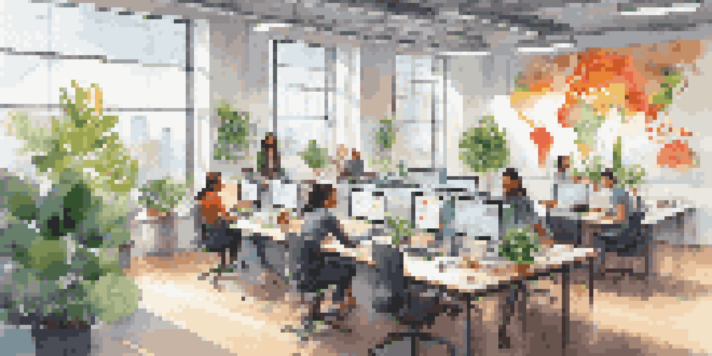 A modern office with diverse employees collaborating at a large table, bright natural light and indoor plants.