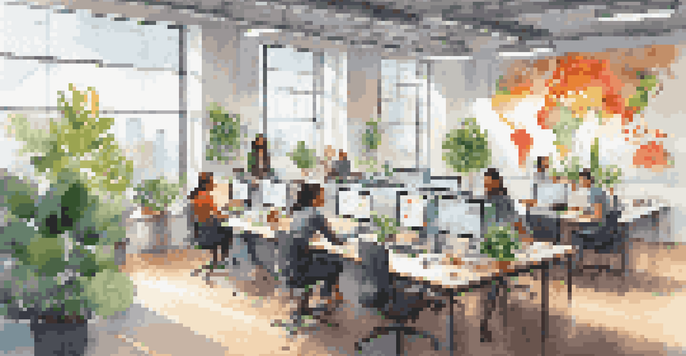 A modern office with diverse employees collaborating at a large table, bright natural light and indoor plants.