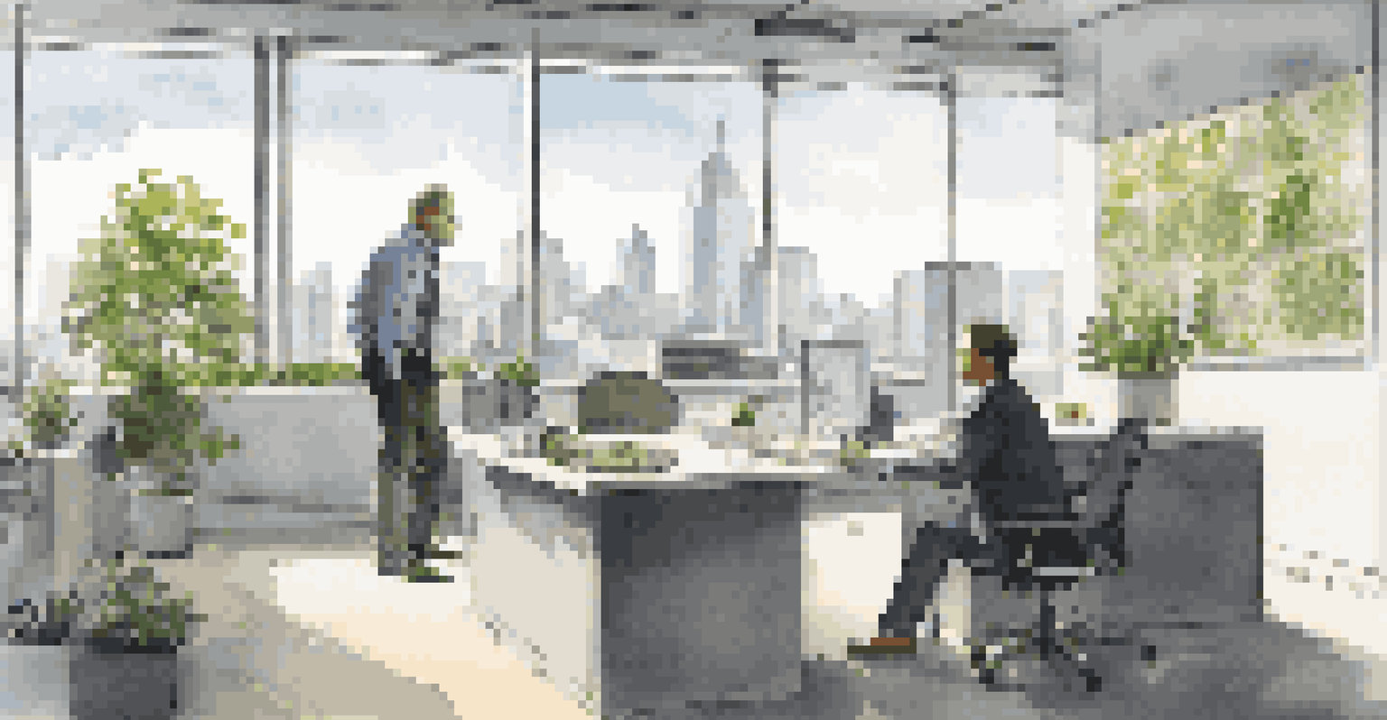 A manager and employee discussing in a modern open office, conveying a supportive atmosphere.