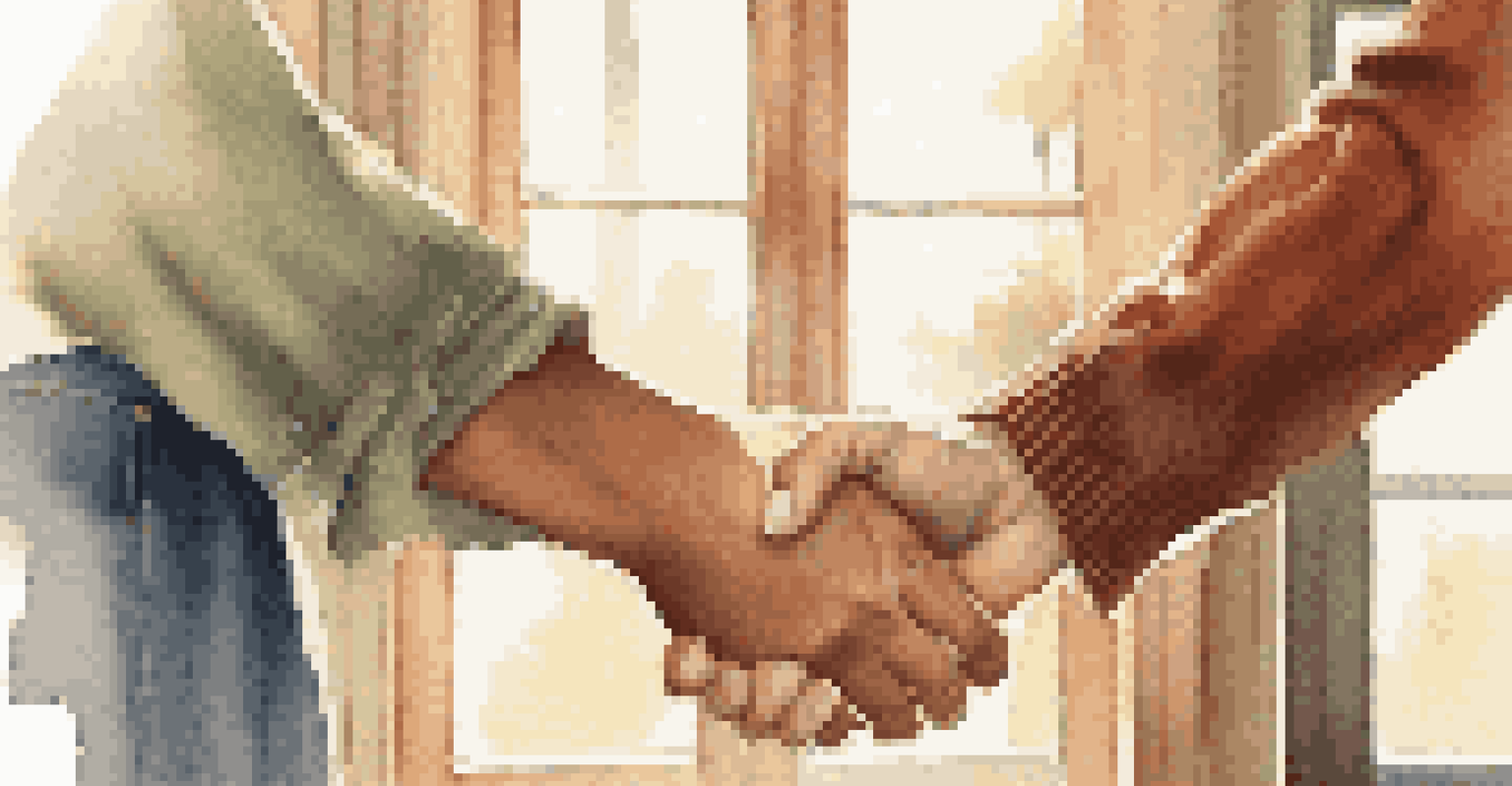 A close-up of two individuals shaking hands, smiling warmly in a friendly environment.