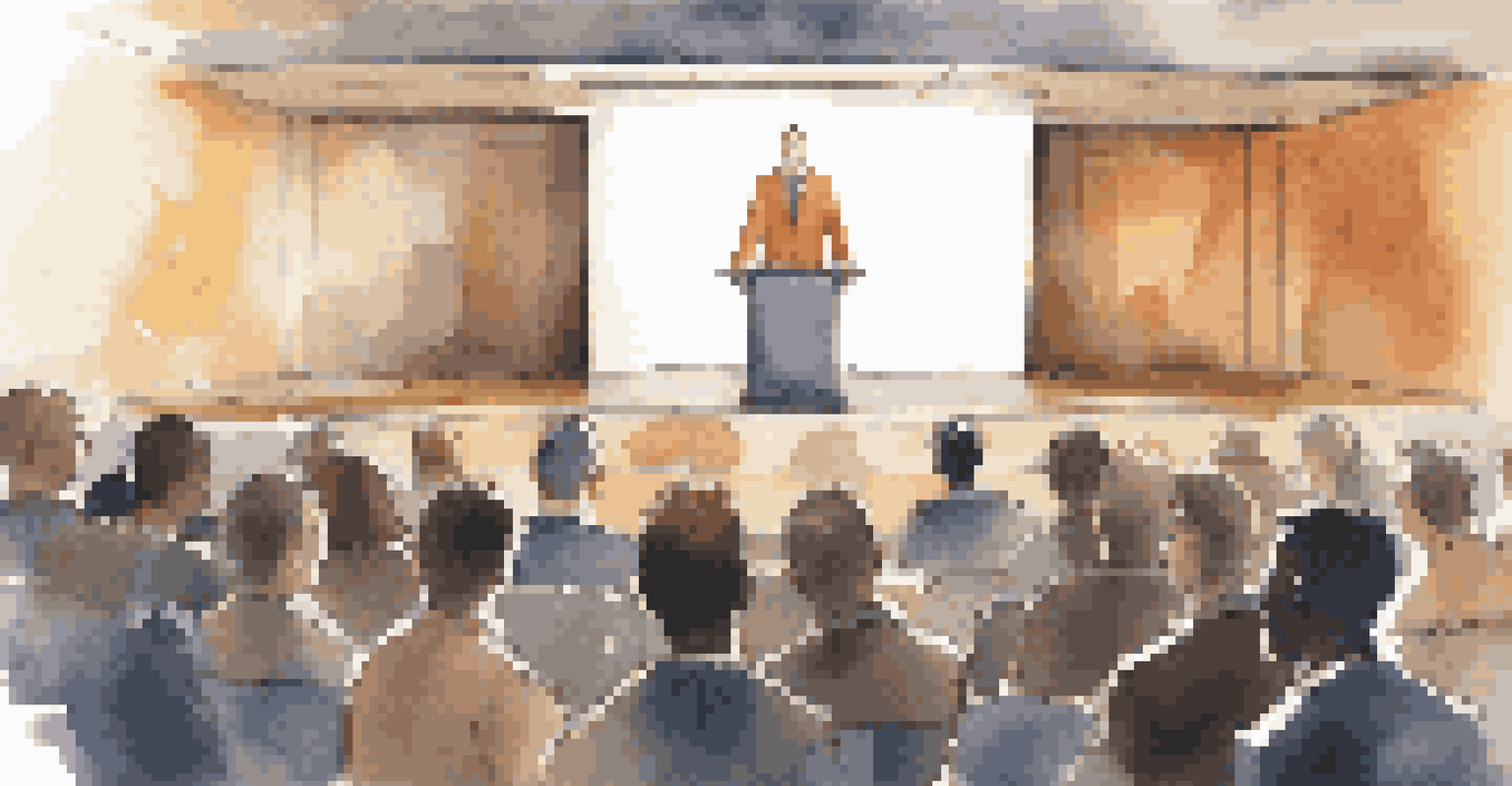 A confident speaker at a podium visualizing a successful speech, with an engaged audience and a screen displaying presentation points.
