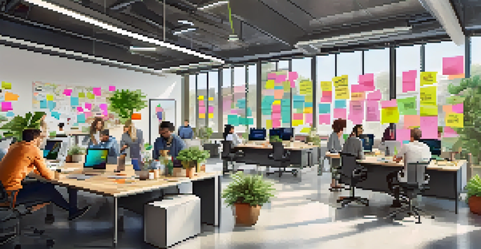 A bright office space with diverse employees collaborating on creative ideas, surrounded by colorful sticky notes and inspiring artwork.