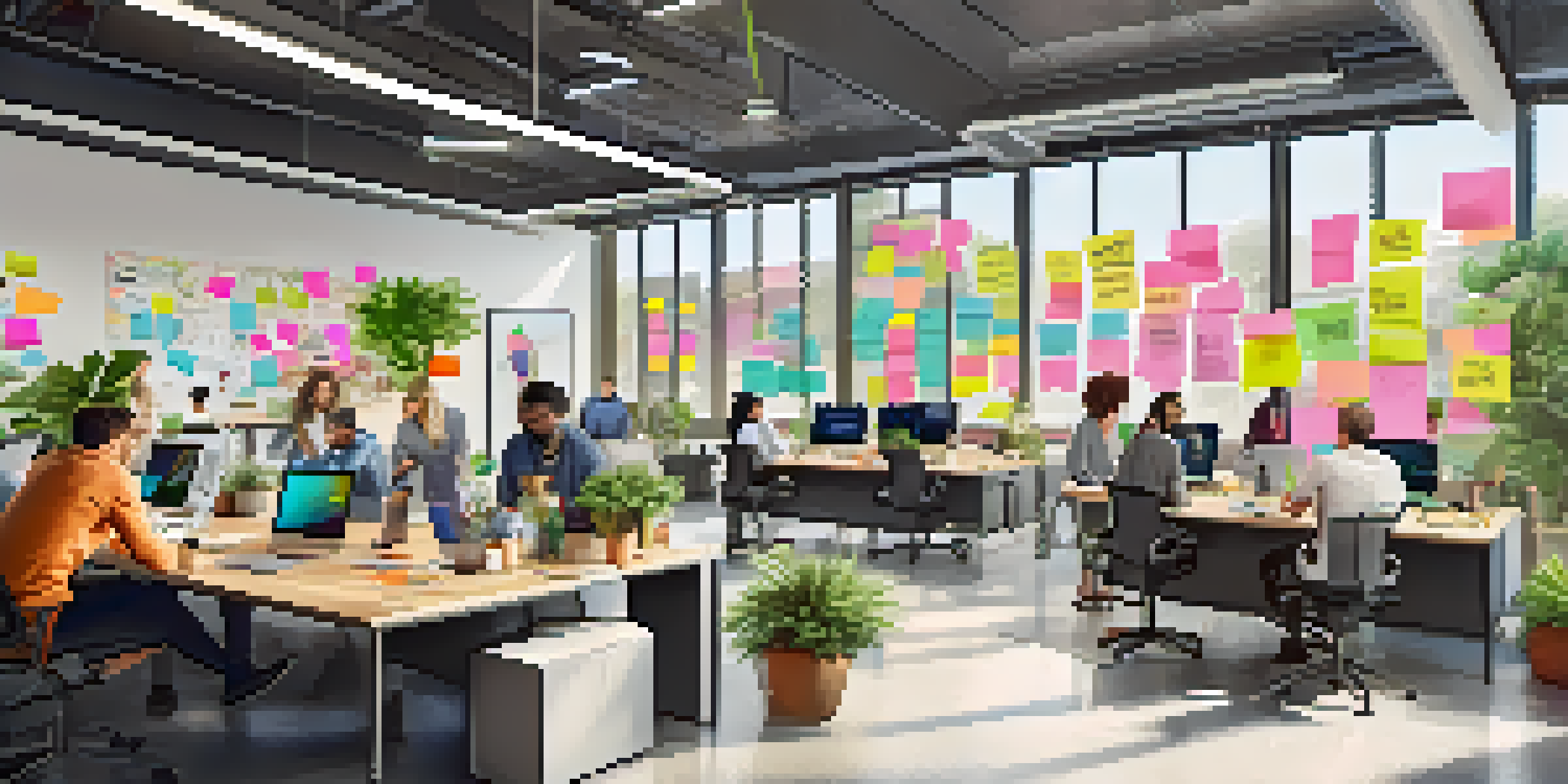 A bright office space with diverse employees collaborating on creative ideas, surrounded by colorful sticky notes and inspiring artwork.