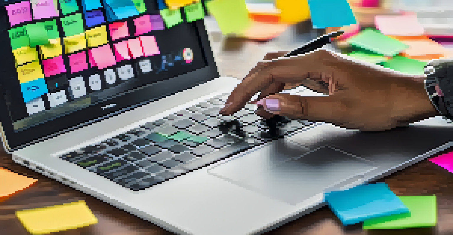 A close-up view of a hand typing on a laptop, surrounded by colorful sticky notes with learning objectives, with a blurred background.