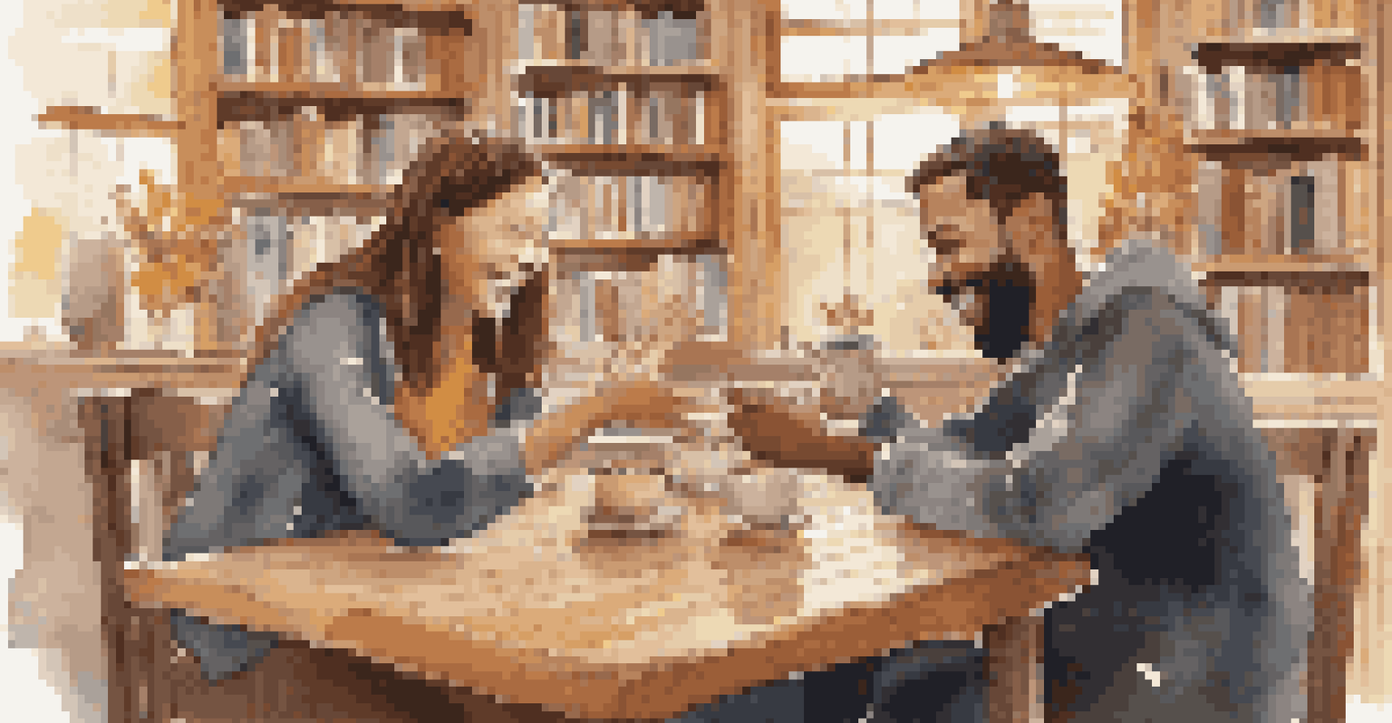 A mentor and mentee sharing a high-five in a cozy coffee shop, with coffee cups on the table and bookshelves in the background.