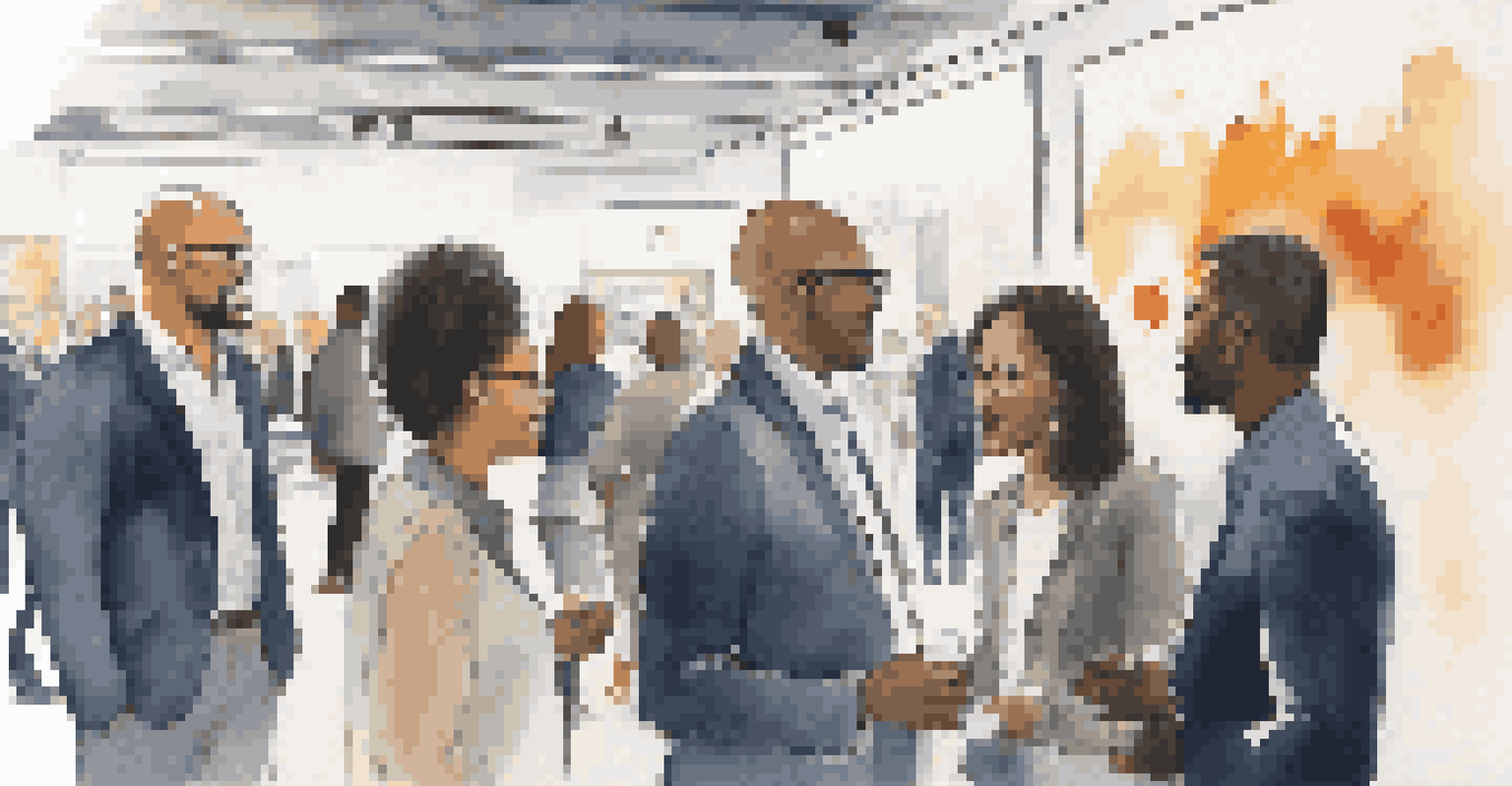 A diverse group of professionals networking and engaging in conversation at an industry event, with name tags and a banner in the background.