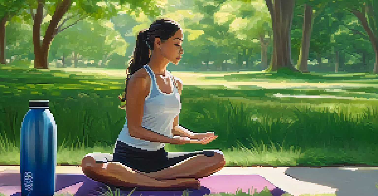 A young woman practicing mindfulness in a tranquil park, sitting on a yoga mat surrounded by greenery with a journal nearby.