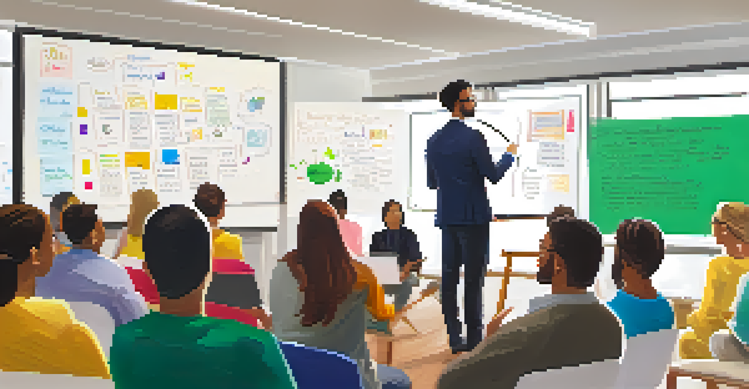 A young professional presenting a workshop to an engaged audience in a well-lit room, with a whiteboard covered in colorful notes.