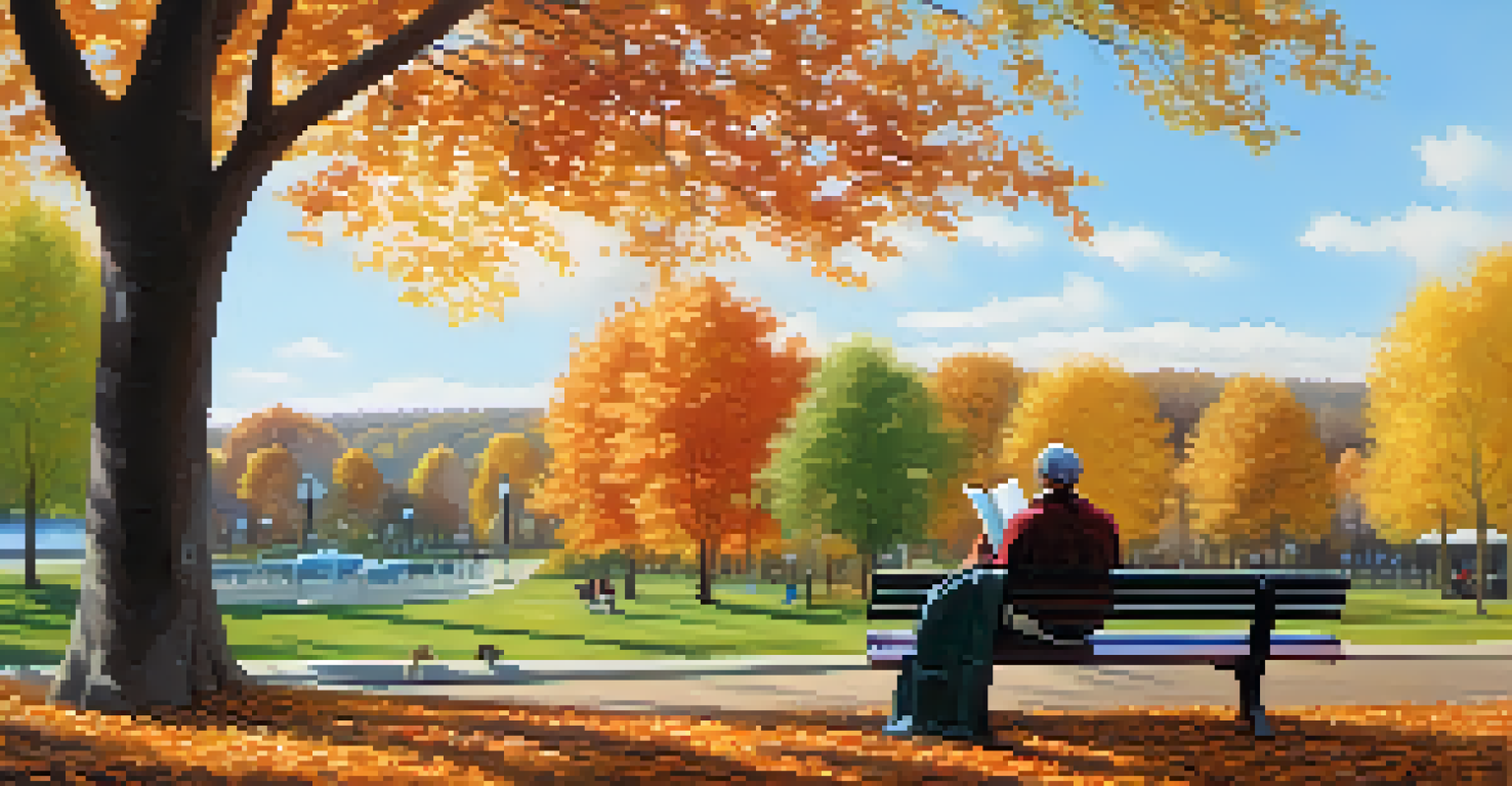 A person reading on a park bench surrounded by colorful autumn trees and a clear sky.