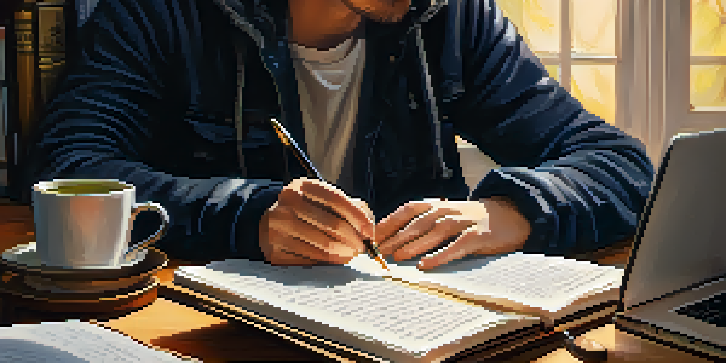Hands writing in a journal with books and a cup of tea on a wooden table.