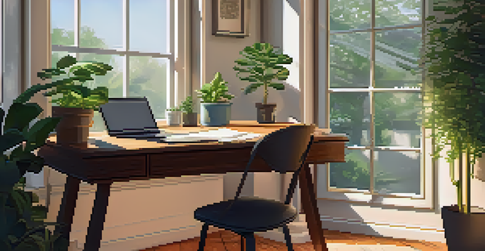 A cozy workspace with a wooden desk, laptop, notepad, and a cup of coffee, illuminated by soft morning light.