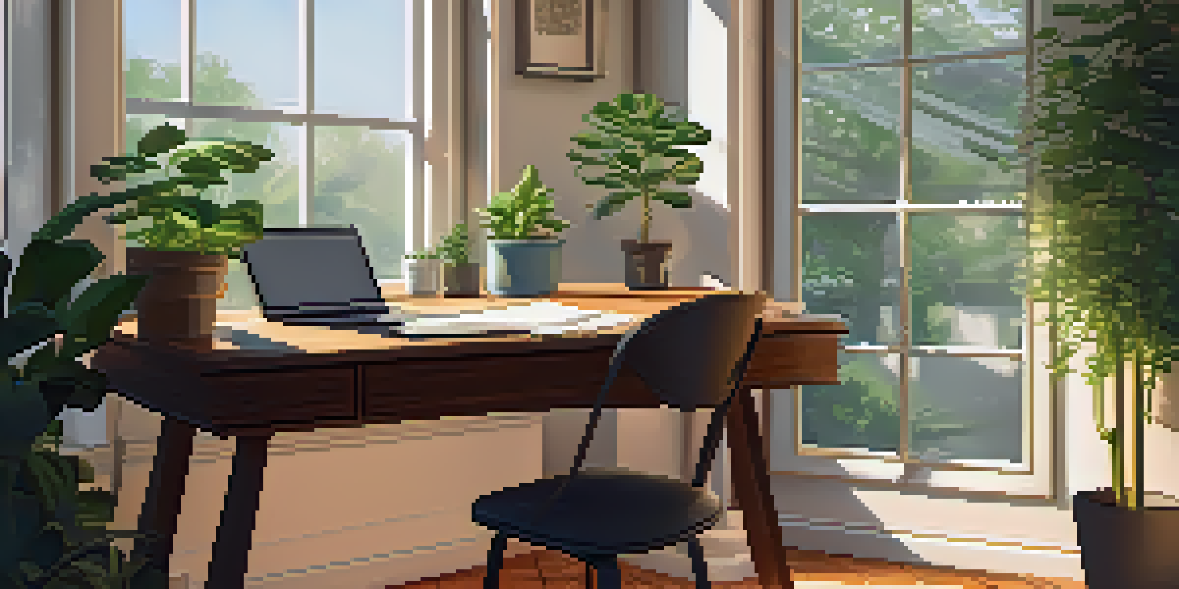 A cozy workspace with a wooden desk, laptop, notepad, and a cup of coffee, illuminated by soft morning light.