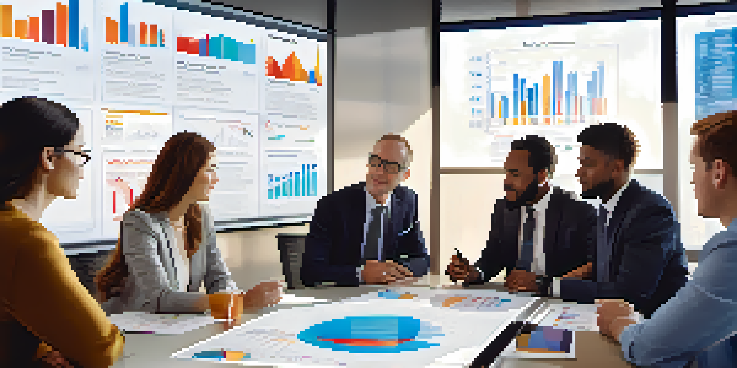 A diverse group of job seekers discussing job market trends with charts and graphs in a modern office.