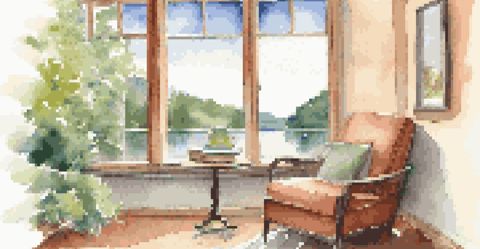 A cozy break area with a chair, side table, book, and a view of nature through a window.