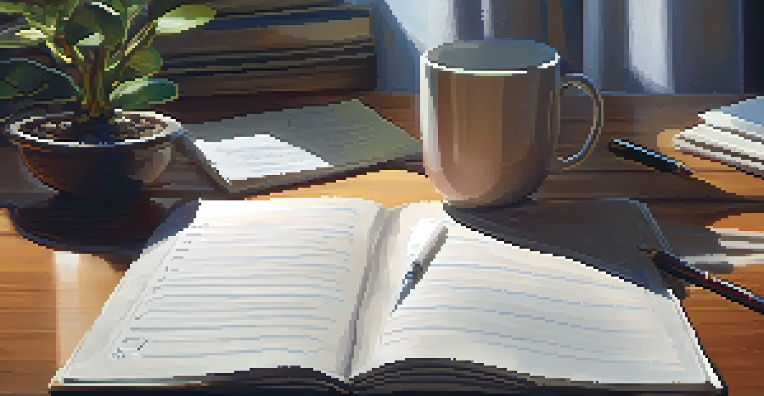 Close-up view of hands writing in a gratitude journal on a desk, with a warm and cozy atmosphere.