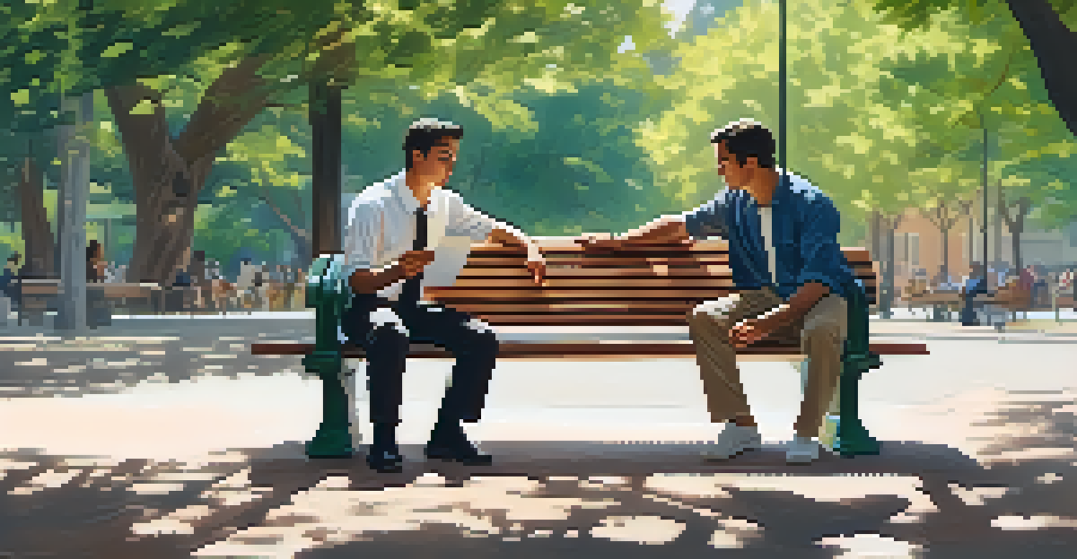 A mentor and mentee practicing negotiation skills on a park bench in a peaceful outdoor setting.