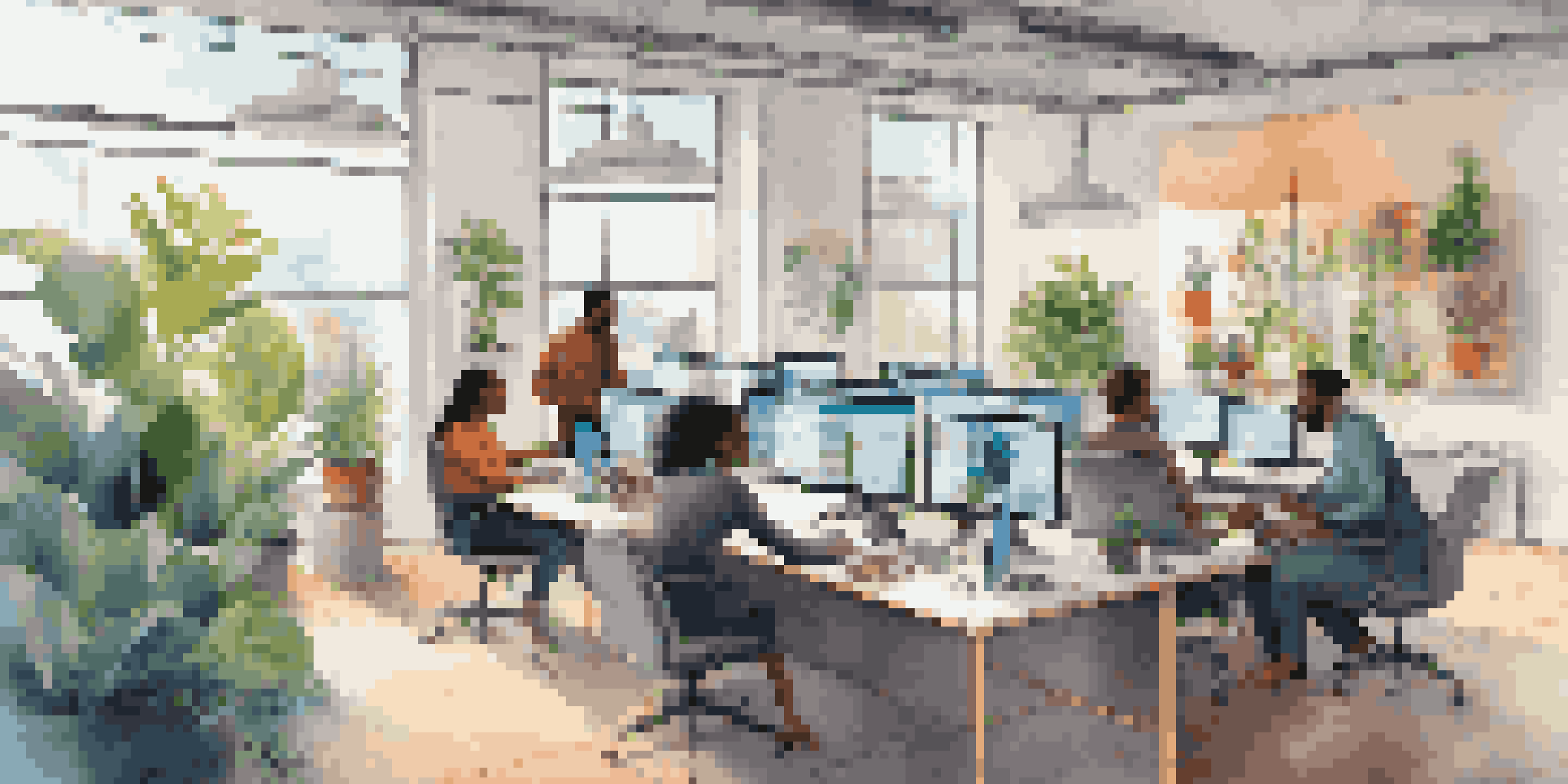 A diverse group of professionals collaborating in a modern workspace, illuminated by natural light.