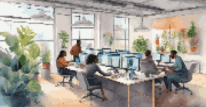 A diverse group of professionals collaborating in a modern workspace, illuminated by natural light.