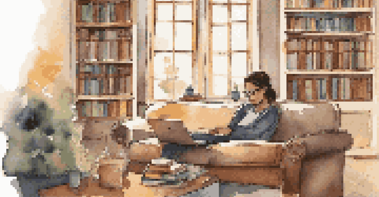 A person studying on a laptop from a cozy couch, surrounded by books and a cup of tea.