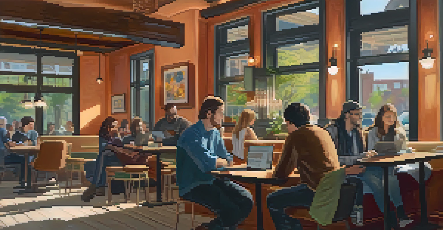 A cozy coffee shop filled with people working and chatting in a warm atmosphere.
