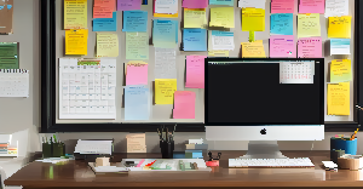 An organized workspace with a calendar, sticky notes, and a laptop, illuminated by soft lighting for a productive atmosphere.