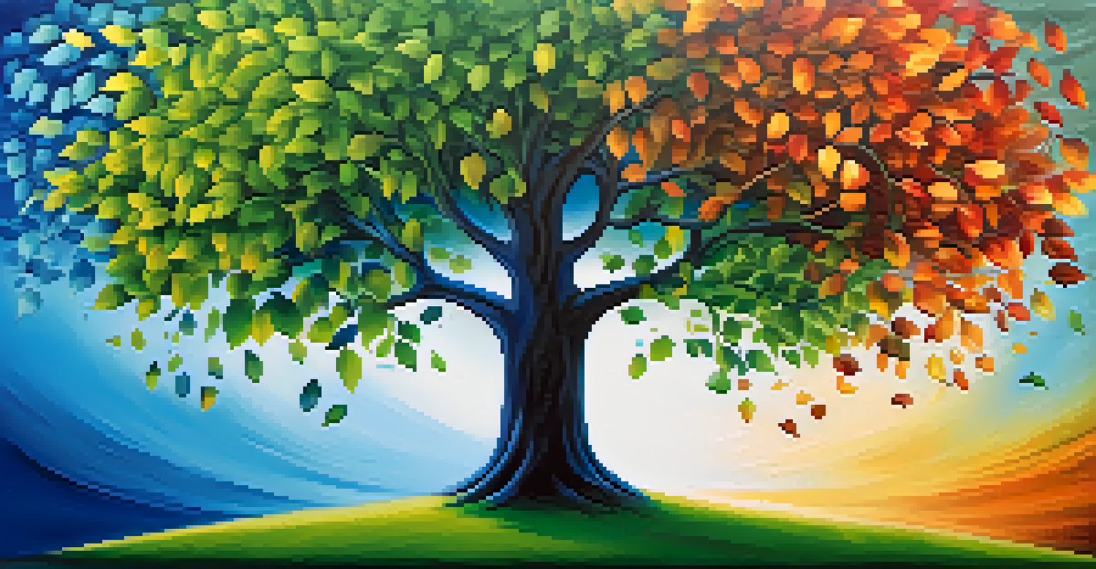 An abstract tree with colorful leaves symbolizing different emotions related to emotional intelligence in a workplace.