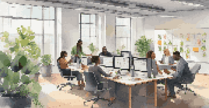 A diverse group of employees collaborating in a bright, modern office with a large conference table and digital devices.