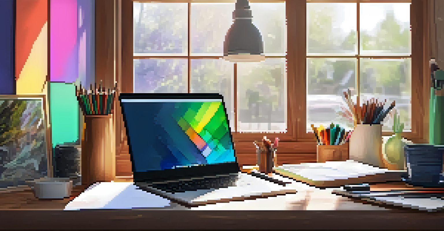 A vibrant artist's workspace with art supplies and a laptop, bathed in natural light.