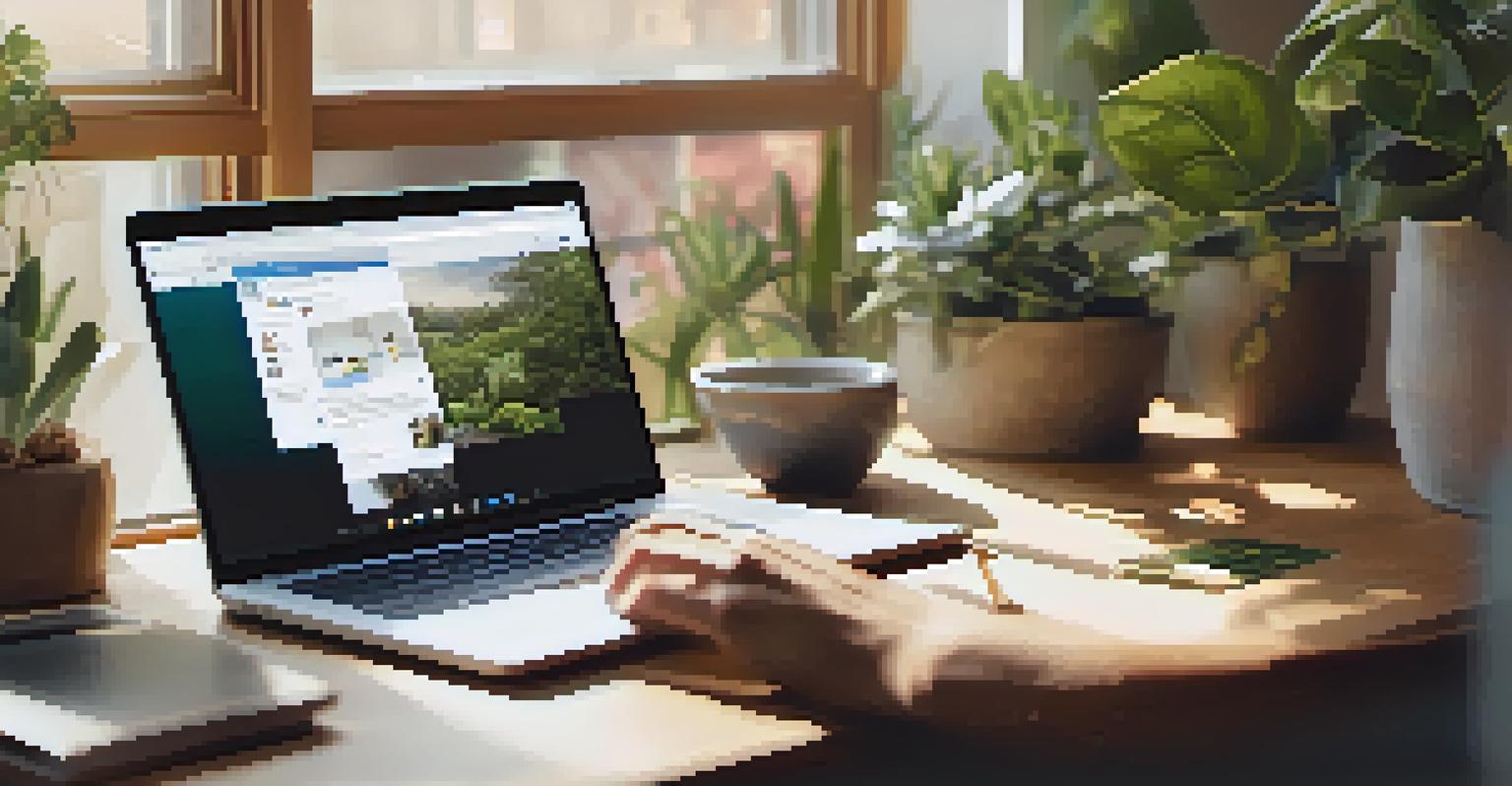 A close-up of hands typing on a laptop with a LinkedIn profile displayed, set in a cozy home office with warm lighting.
