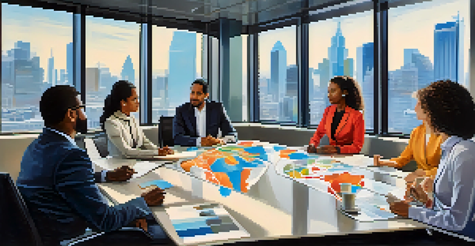 A diverse group of employees having a discussion around a conference table in a well-lit room with a city view.