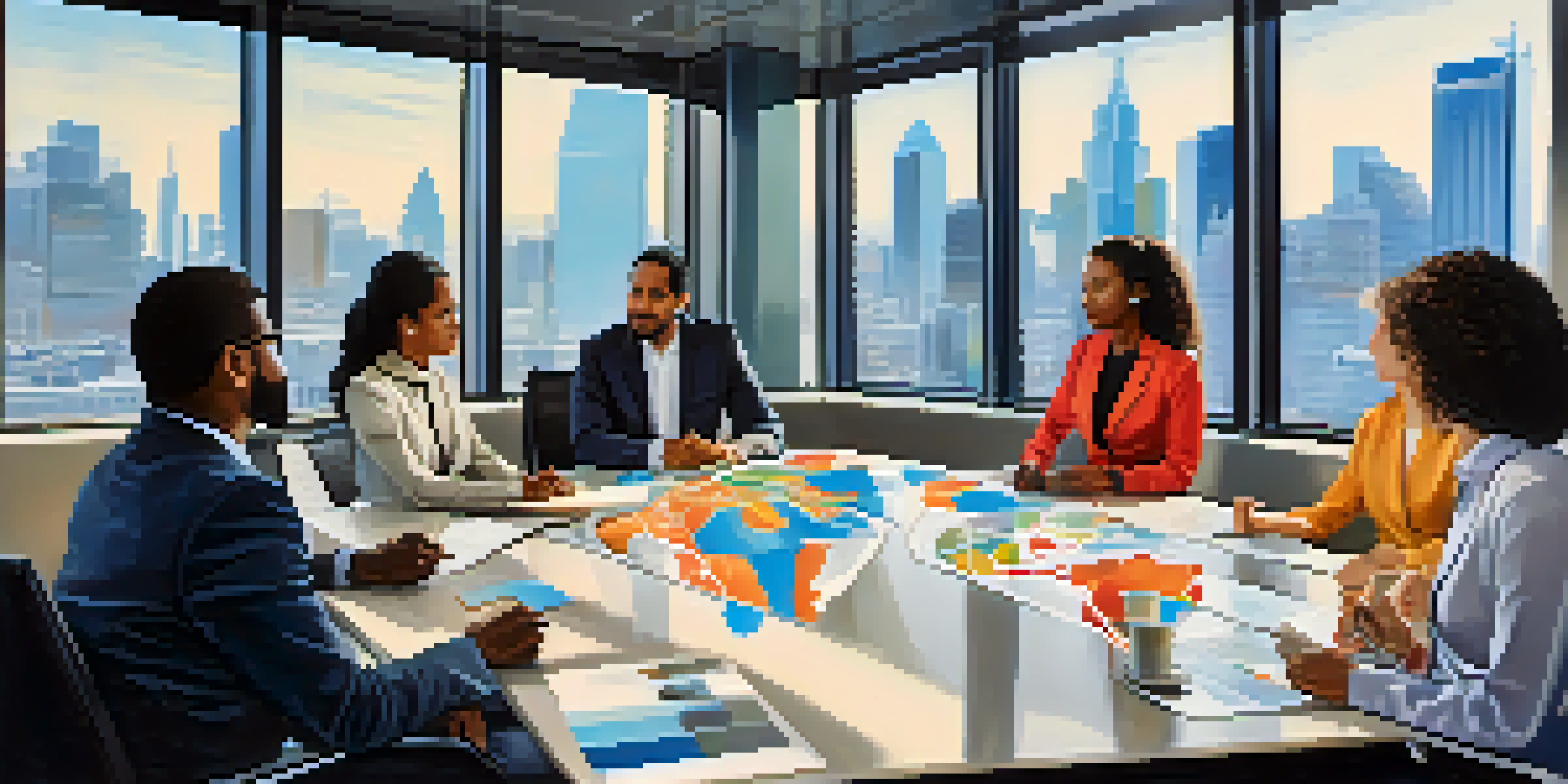A diverse group of employees having a discussion around a conference table in a well-lit room with a city view.