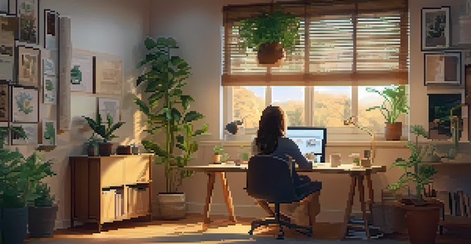 An individual learning online in a cozy home office, surrounded by plants and motivational decor.