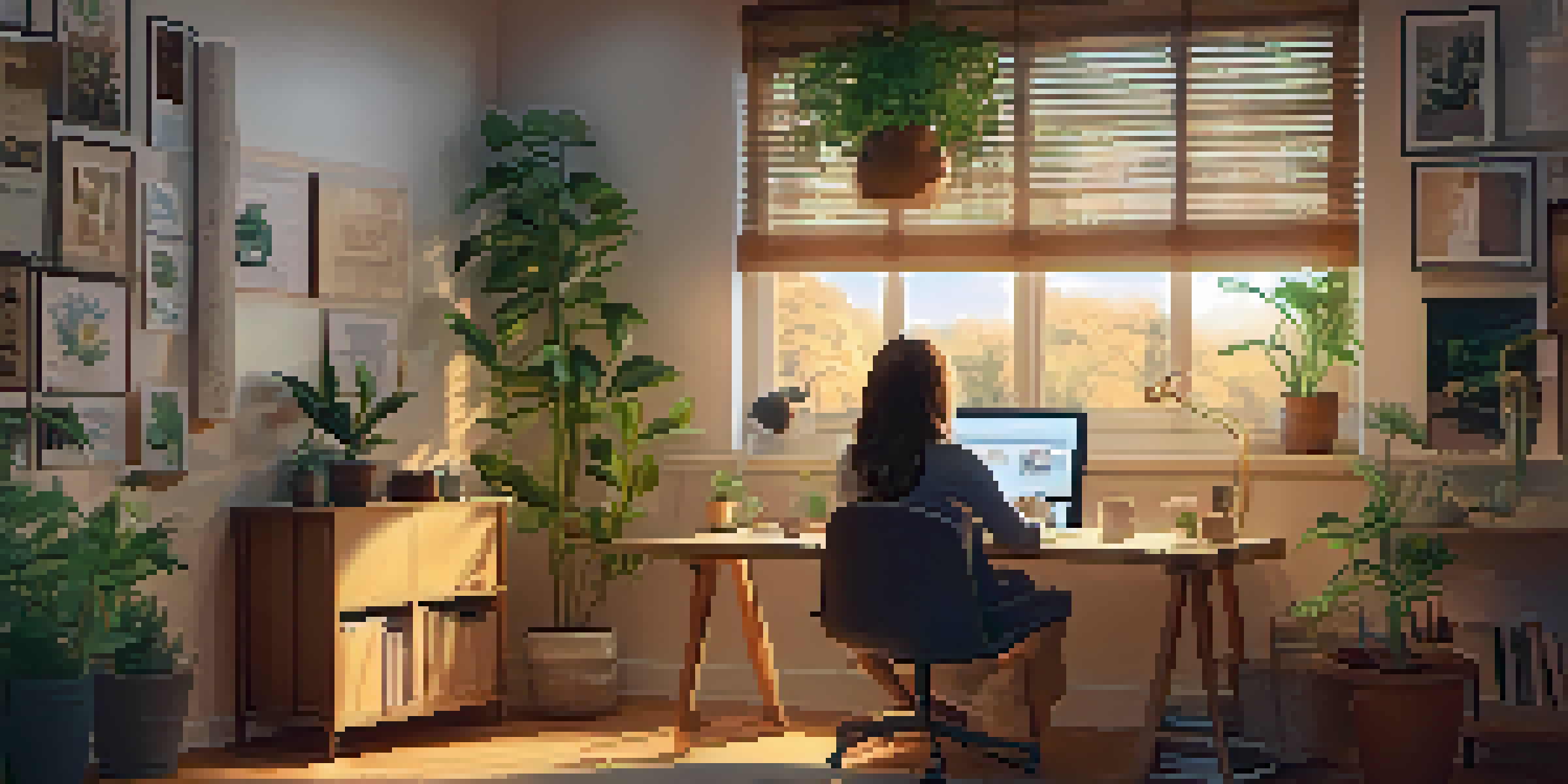 An individual learning online in a cozy home office, surrounded by plants and motivational decor.