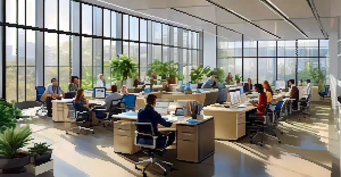 A diverse group of employees collaborating in a bright, modern office setting with natural light and plants.