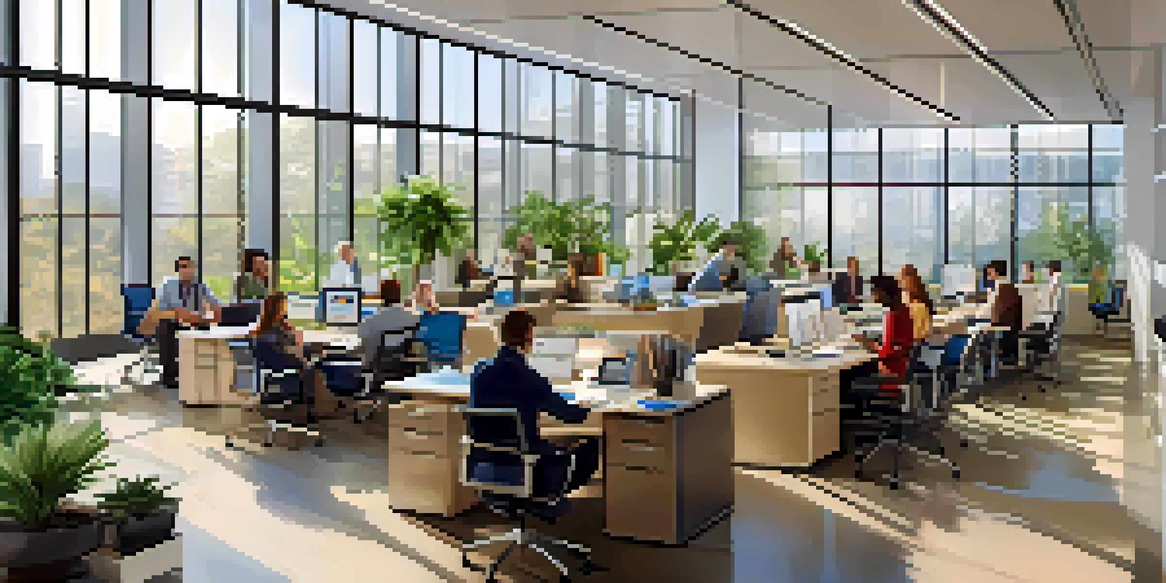 A diverse group of employees collaborating in a bright, modern office setting with natural light and plants.