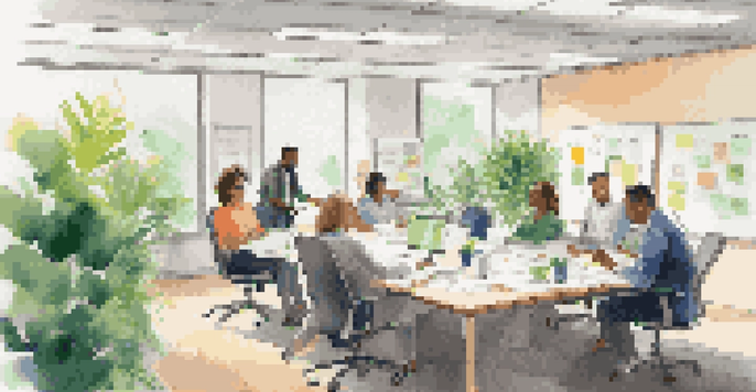 A diverse group of professionals smiling and collaborating in a bright conference room, surrounded by plants and colorful sticky notes.
