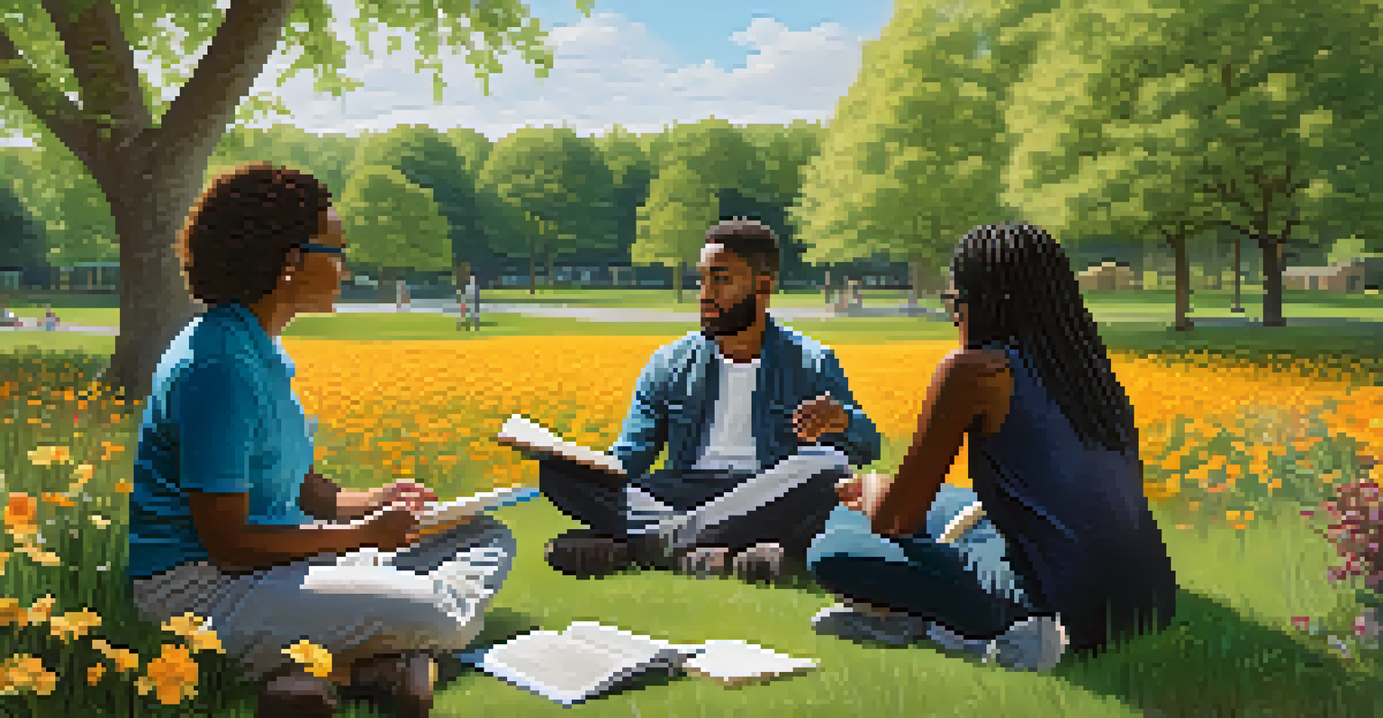 A group of diverse individuals having a lively discussion outdoors, surrounded by nature.