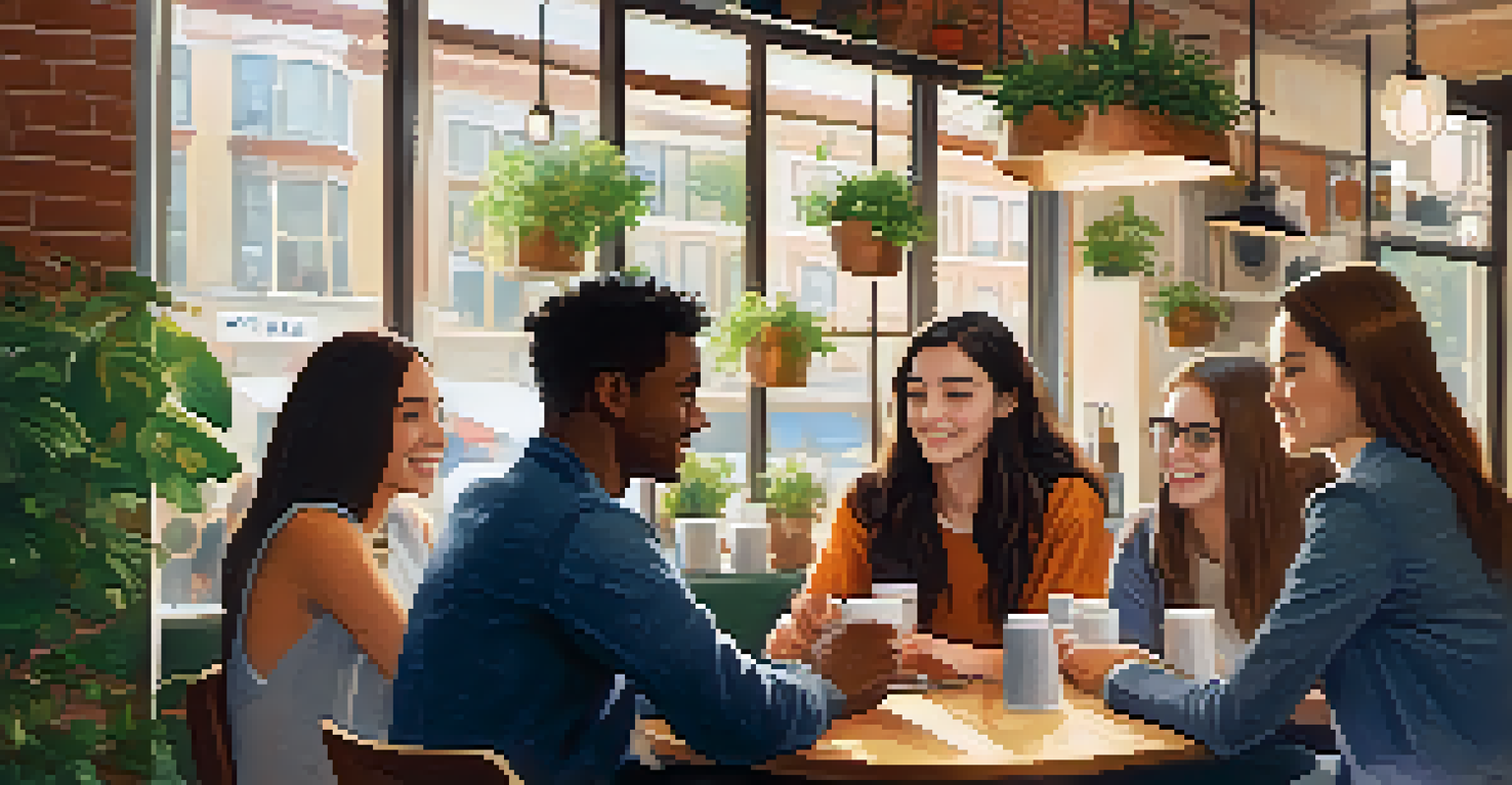 A group of interns networking over coffee in a cozy café setting.