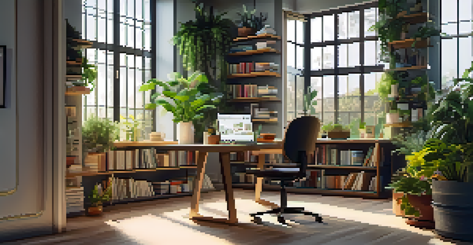 A modern workspace with a laptop, books, and plants, illuminated by natural light from a large window.