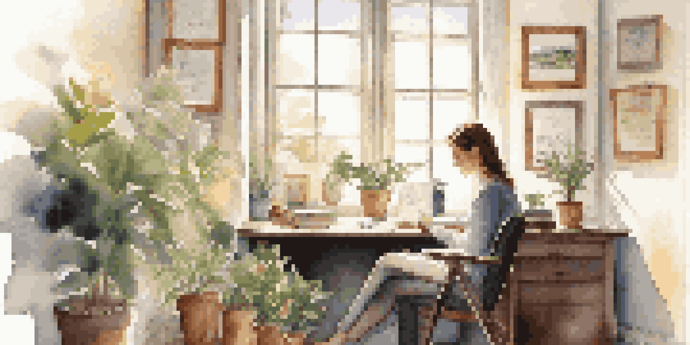 A person journaling at a desk in a bright and inviting office space with plants and motivational quotes.