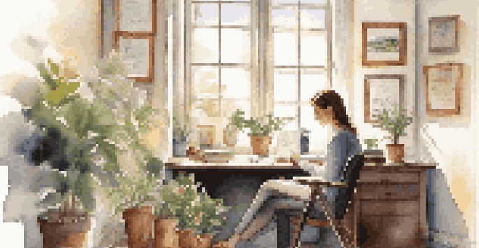 A person journaling at a desk in a bright and inviting office space with plants and motivational quotes.
