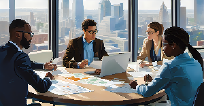 A diverse group of professionals in a conference room discussing ideas collaboratively.