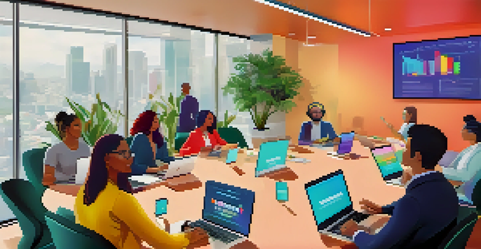 A digitally rendered conference room with diverse professionals engaging in a virtual networking event, featuring laptops and colorful graphics.