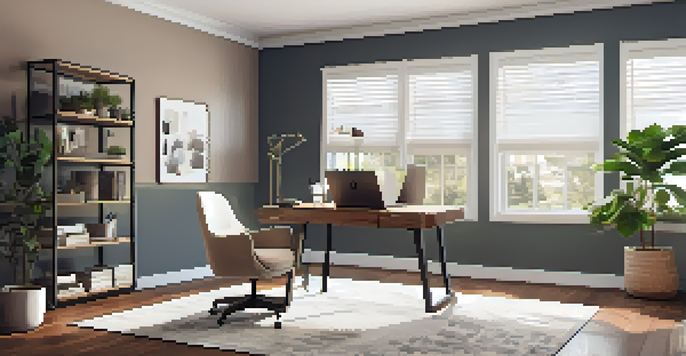 A bright and inviting modern home office with a laptop, plants, and a coffee cup on the desk.
