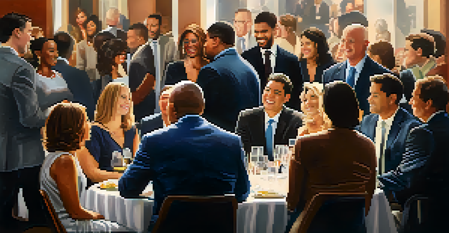 A networking event with diverse professionals chatting and engaging in discussions under warm lighting.